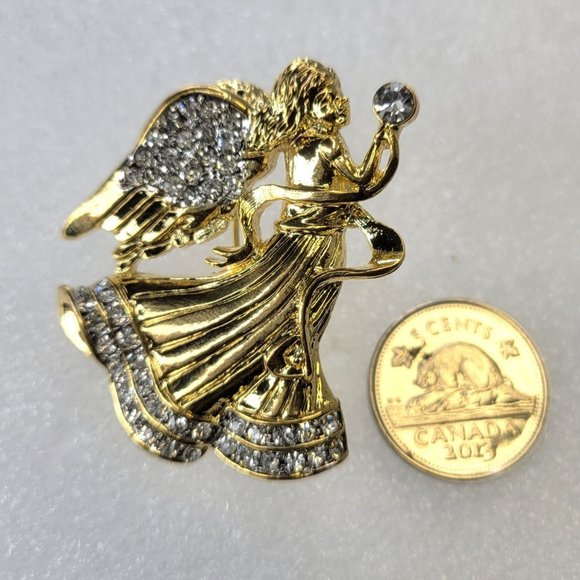 Shiny Gold Angel Brooch with Crystal Rhinestones - Picture 4 of 12